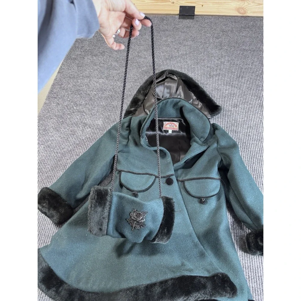 Vintage Precious Stones Girls Green Wool Overcoat‎ Faux Fur Trim Sz 6